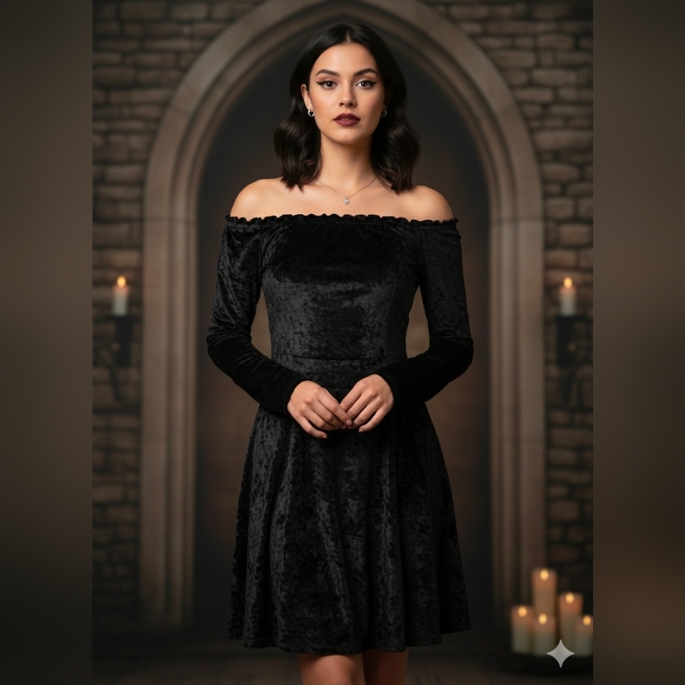 HOLLISTER Black Velvet Off-Shoulder Dress Womens M Crushed A-Line Mini Witchy